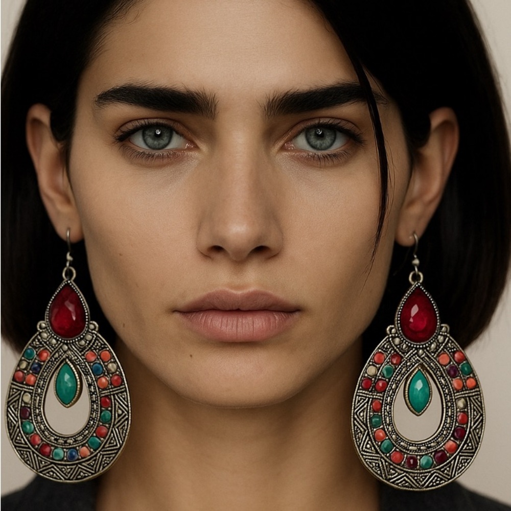 Bohemian Silver Multicolor Teardrop Earrings